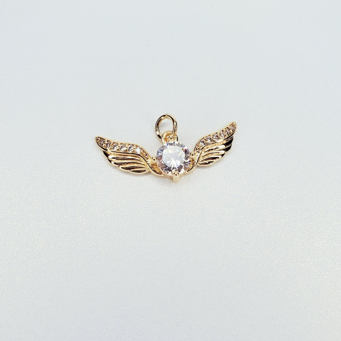 Gold Filled Golden Angel Wing with Round Cubic Zirconia Charm