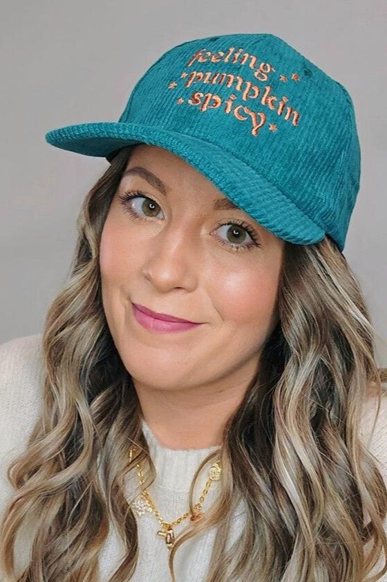 Teal corduroy and orange embroidered pumpkin spice baseball hat