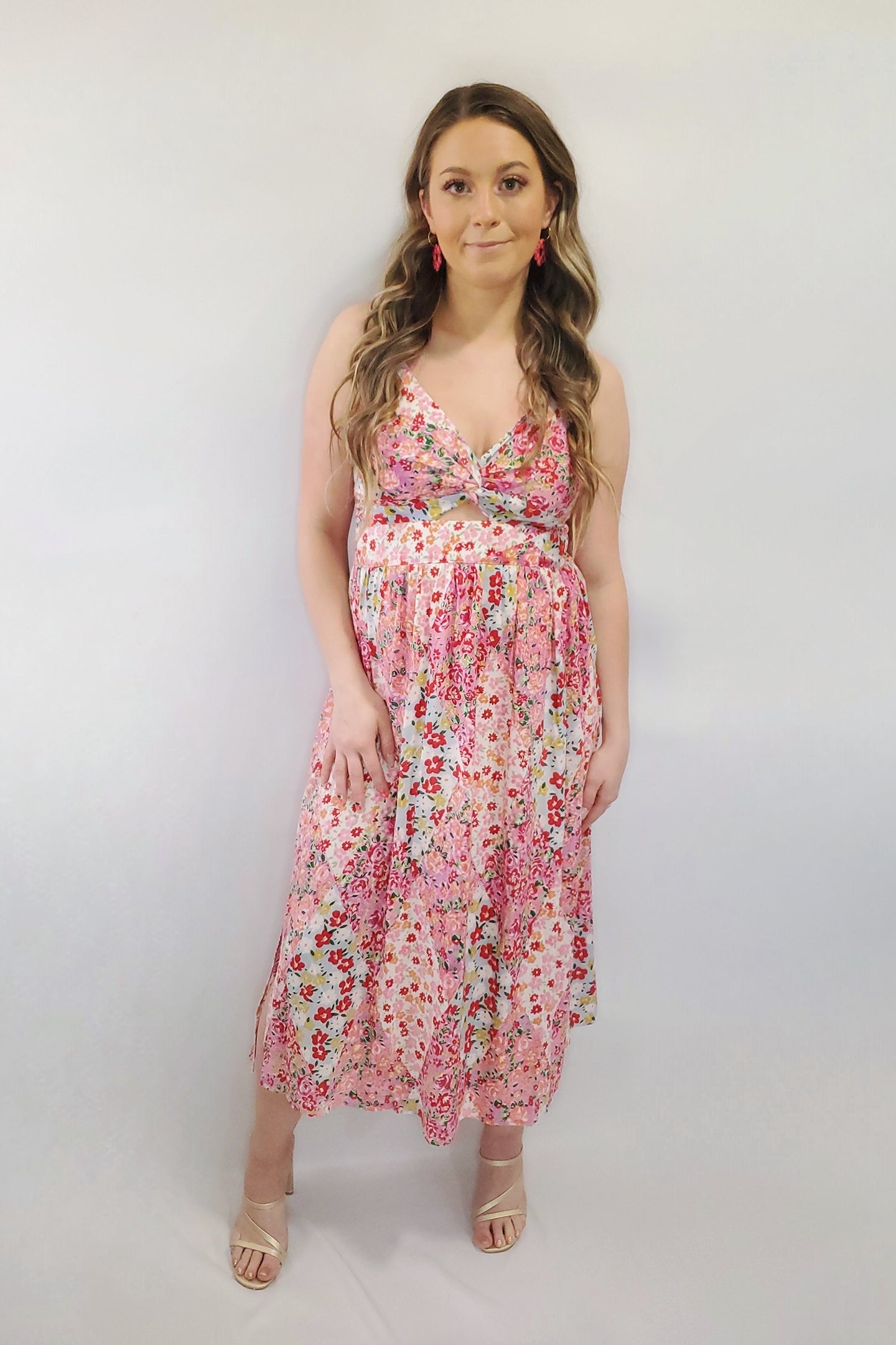 Garden Party Floral V-Neck Twist Cut-Out Midi Dress