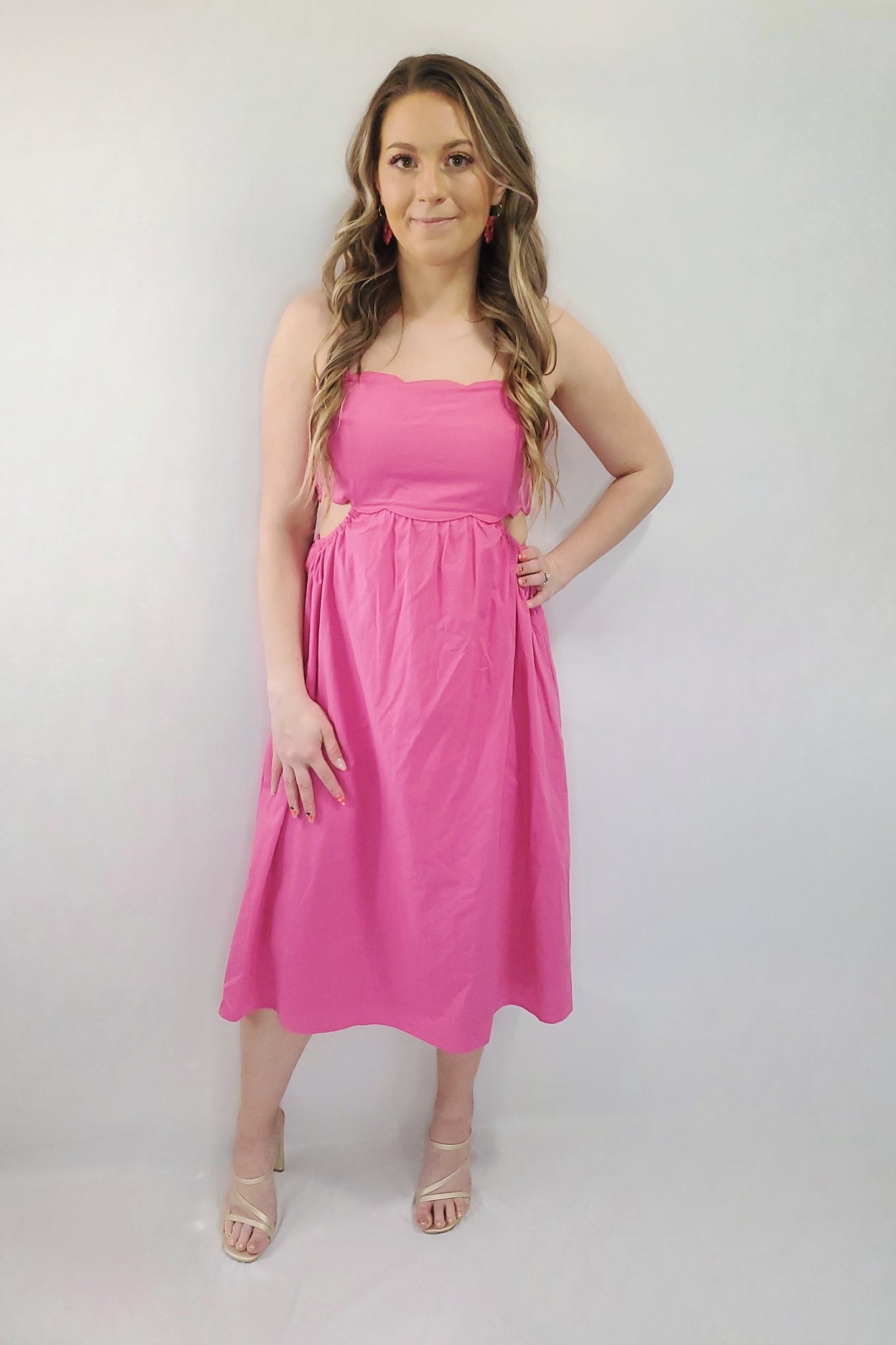 Meet Me At Brunch Scalloped Cut-Out Midi Dress | Opal & Silk Hot Pink / Medium Meet Me At Brunch Scalloped Cut-Out Midi Dress | Opal & Silk Hot Pink / Medium