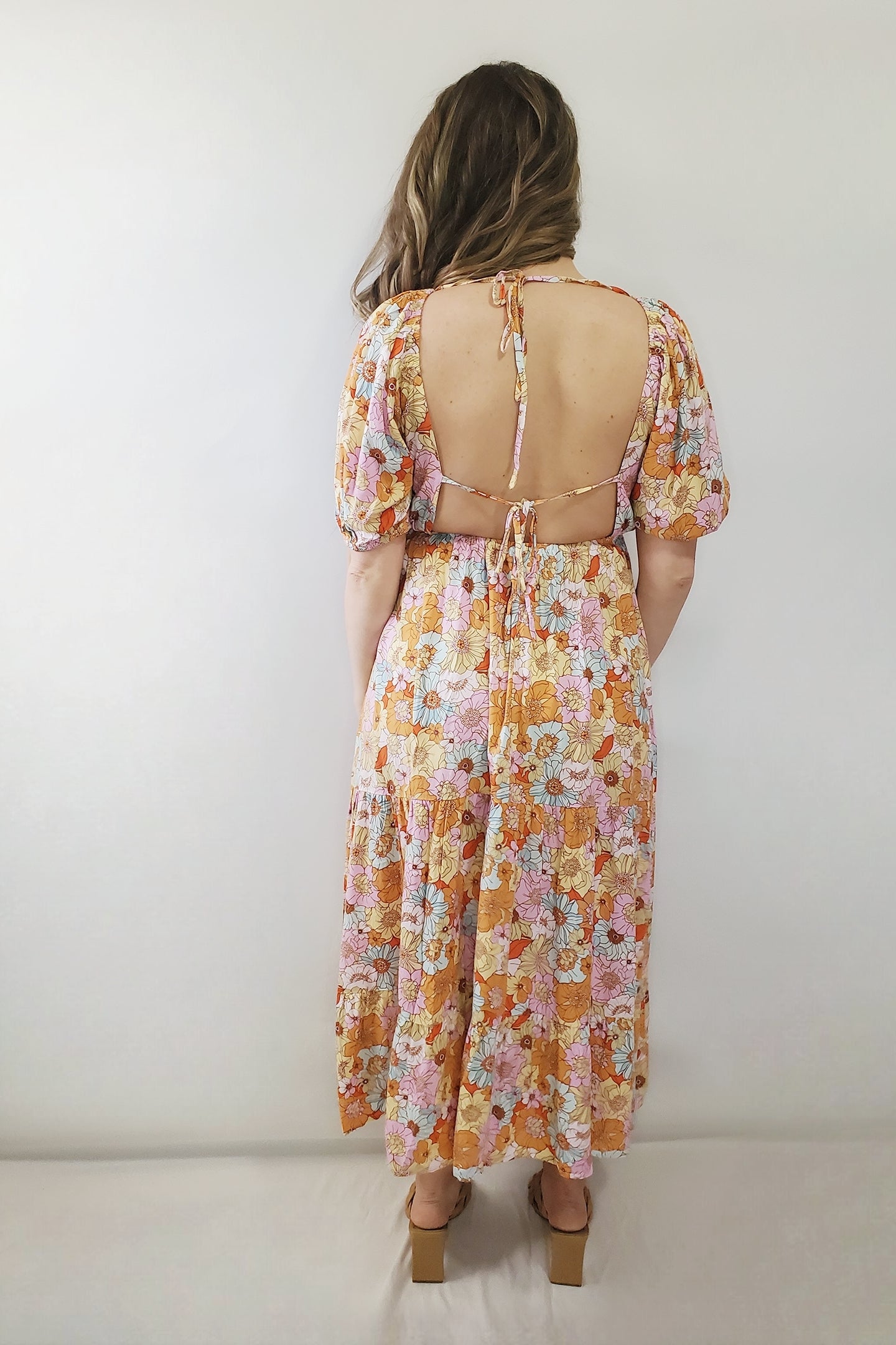 Field of Wildflowers Retro Floral Open Back Maxi Dress