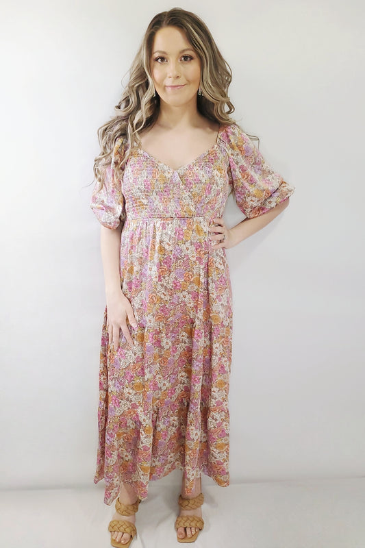 In Bloom Satin Floral Smocked Prairie Boho Surplice Pocket Maxi Dress