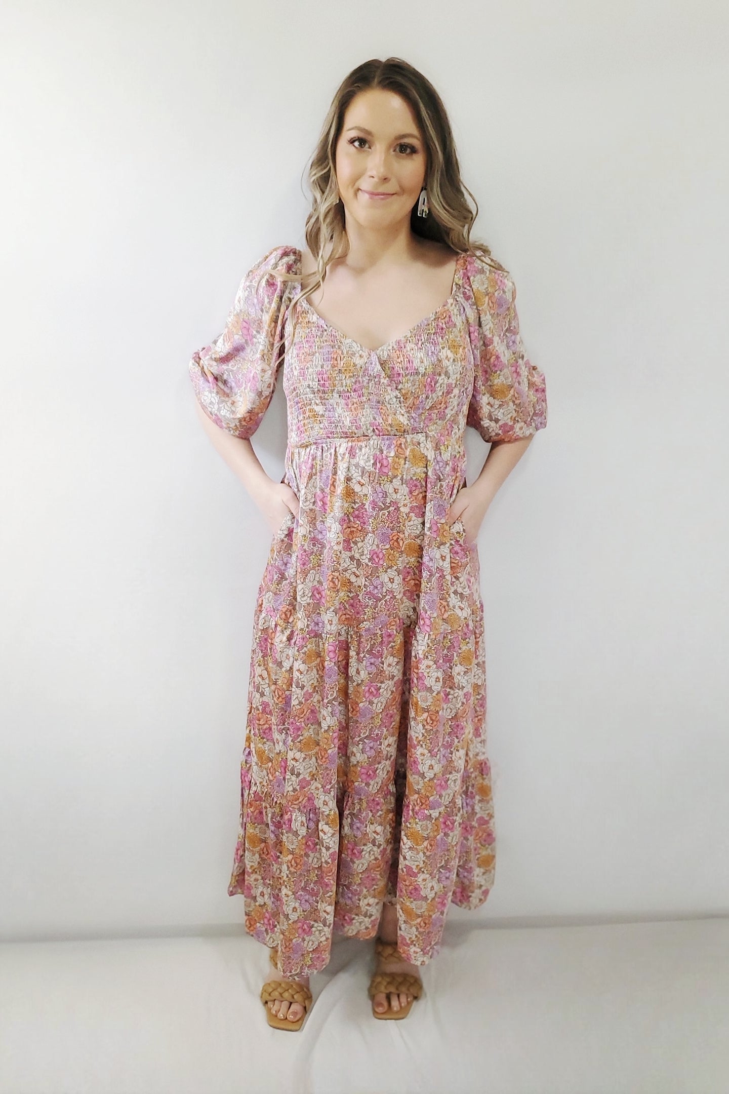 In Bloom Satin Floral Smocked Prairie Boho Surplice Pocket Maxi Dress