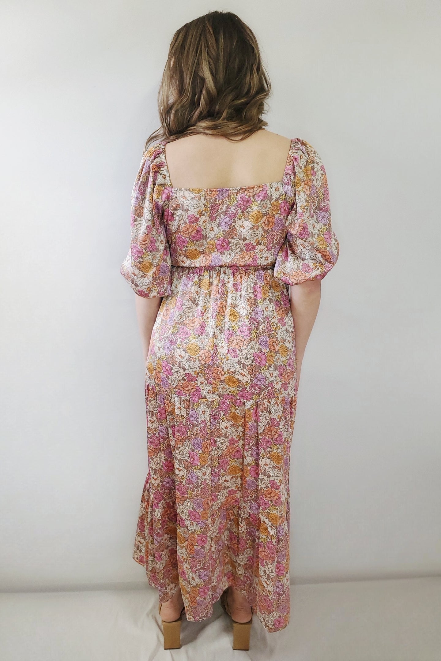 In Bloom Satin Floral Smocked Prairie Boho Surplice Pocket Maxi Dress