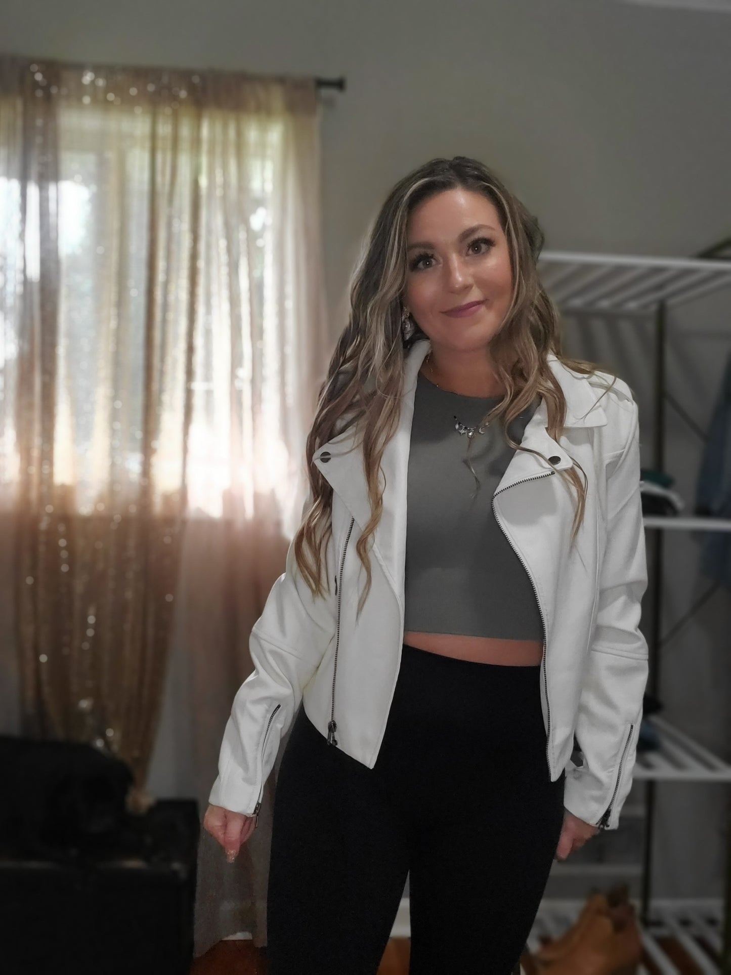 Night Out Women's White Faux Leather Moto Jacket