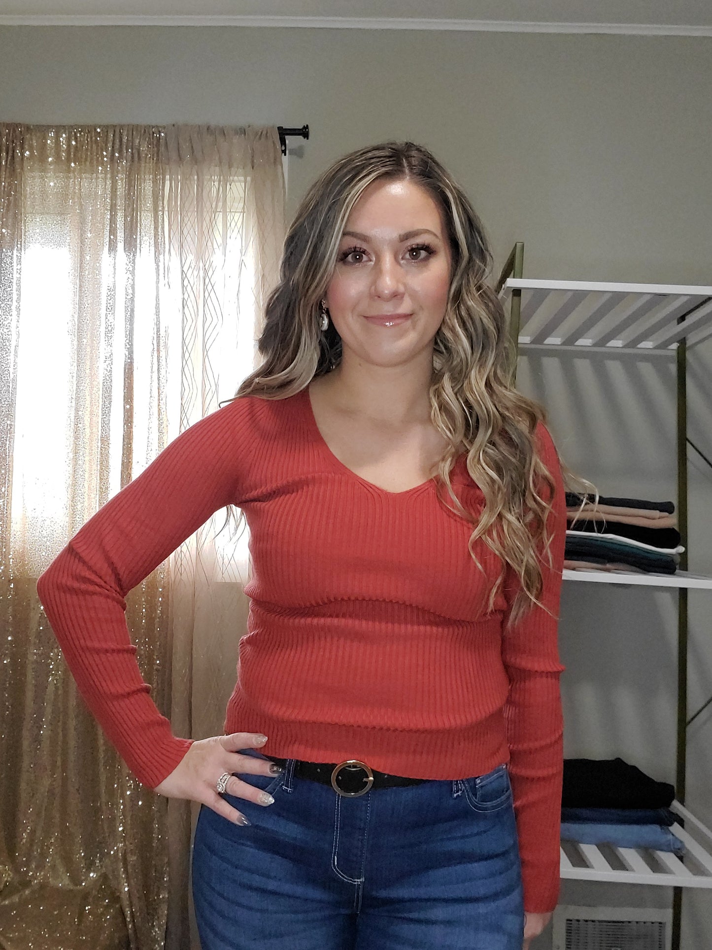 Falling For You Women's Ribbed Long Sleeve Knit V-Neck Sweater Top in Orange