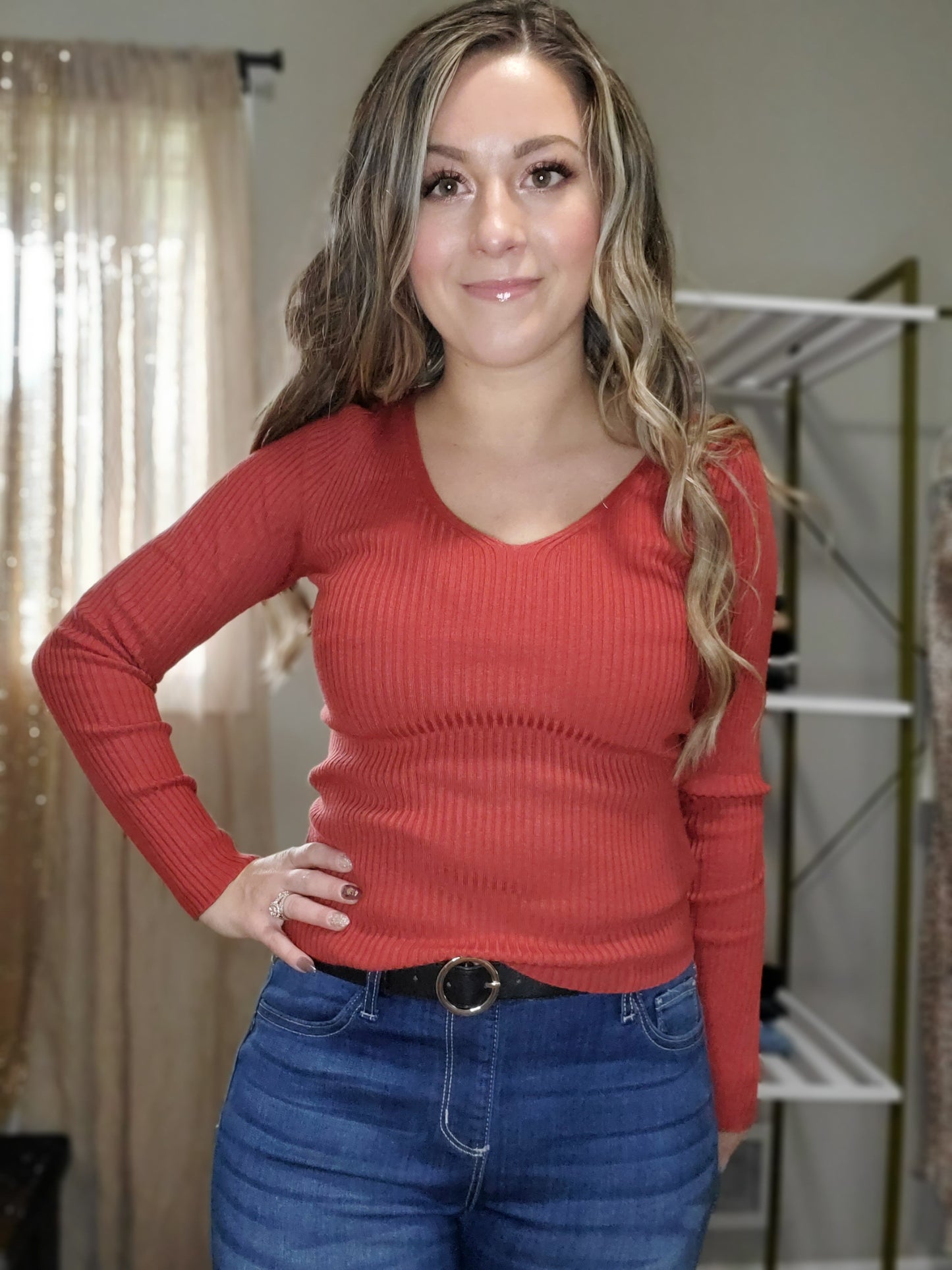 Falling For You Women's Ribbed Long Sleeve Knit V-Neck Sweater Top in Orange