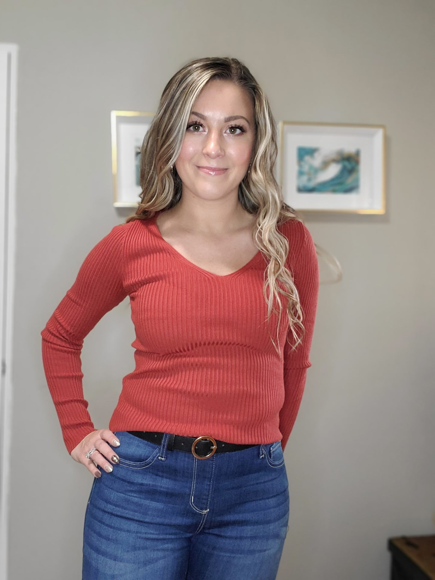 Falling For You Women's Ribbed Long Sleeve Knit V-Neck Sweater Top in Orange