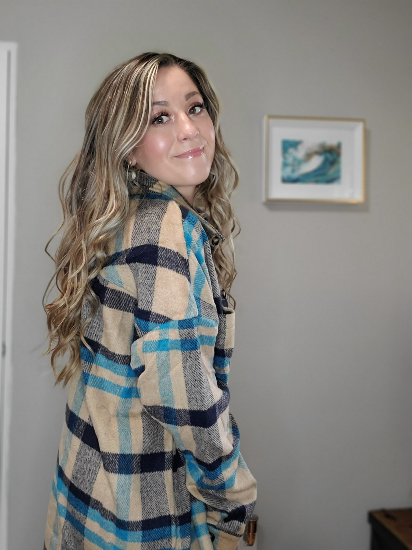 Breezy Day Women's Oversized Yarn Dyed Brushed Boyfriend Plaid Shacket in Blue & Tan