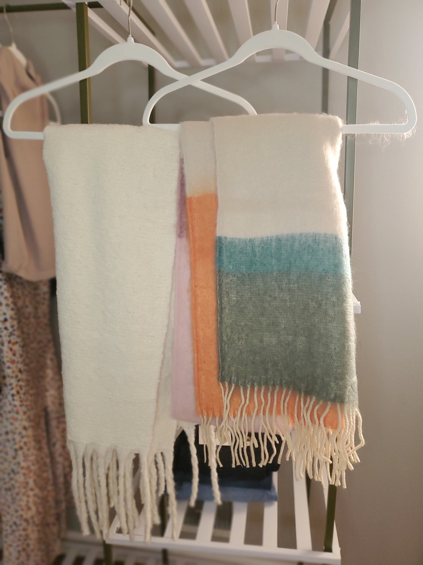 Winter Bliss Women's Color Block Soft Faux Mohair Scarf with Tassels in Rainbow