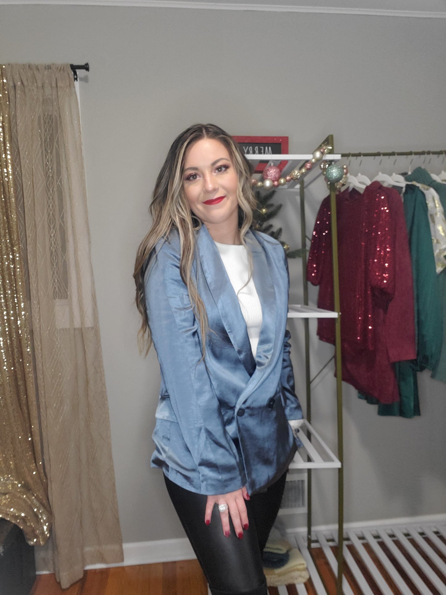 Dream Big Women's Relaxed Fit Double Button Satin Blazer in Slate Blue
