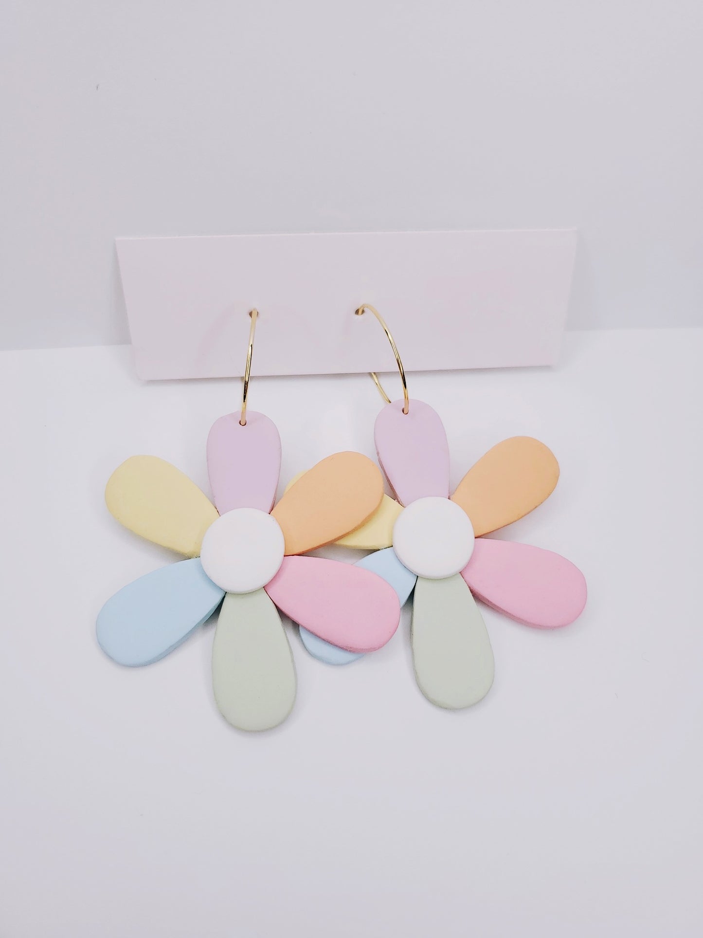 Handmade Boho Rainbow Pastel Flower Hypoallergenic Hoop Clay Earrings in Gold