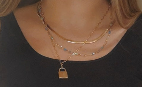 Safe with Me Lock Charm Glass Bead Layered Gold Plated 18" Necklace