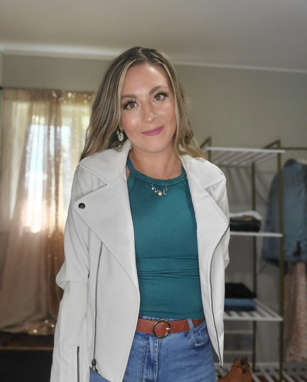 Night Out Women's White Faux Leather Moto Jacket