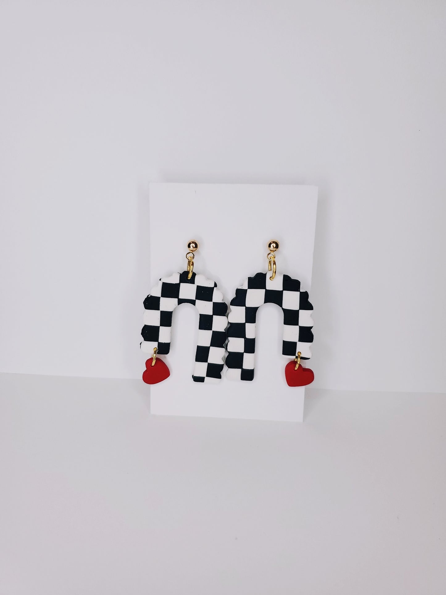 Handmade Scalloped Arch Checkerboard Heart Charm Clay Earrings