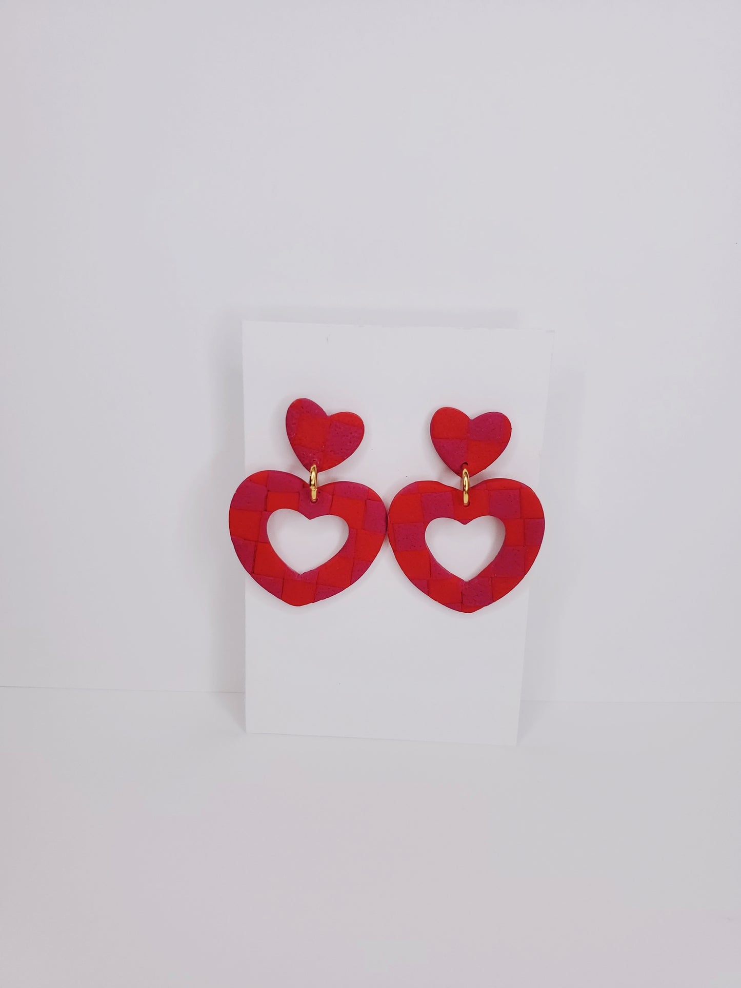Handmade Heart Cutout Textured Checkerboard Dangle Clay Earrings in Red