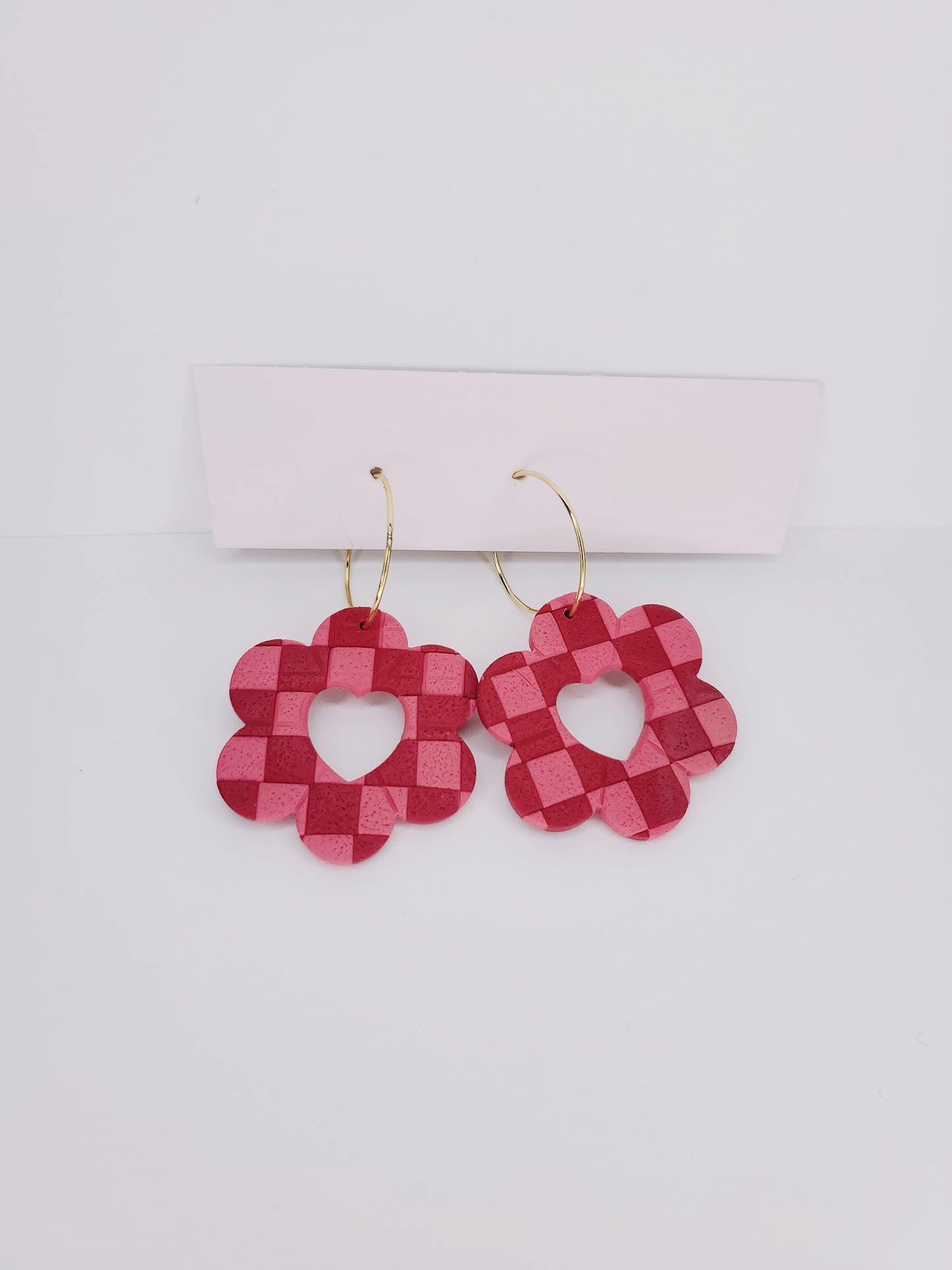 Handmade Flower & Heart Cutout Textured Checkerboard Hypoallergenic Hoop Clay Earrings Red & Gold