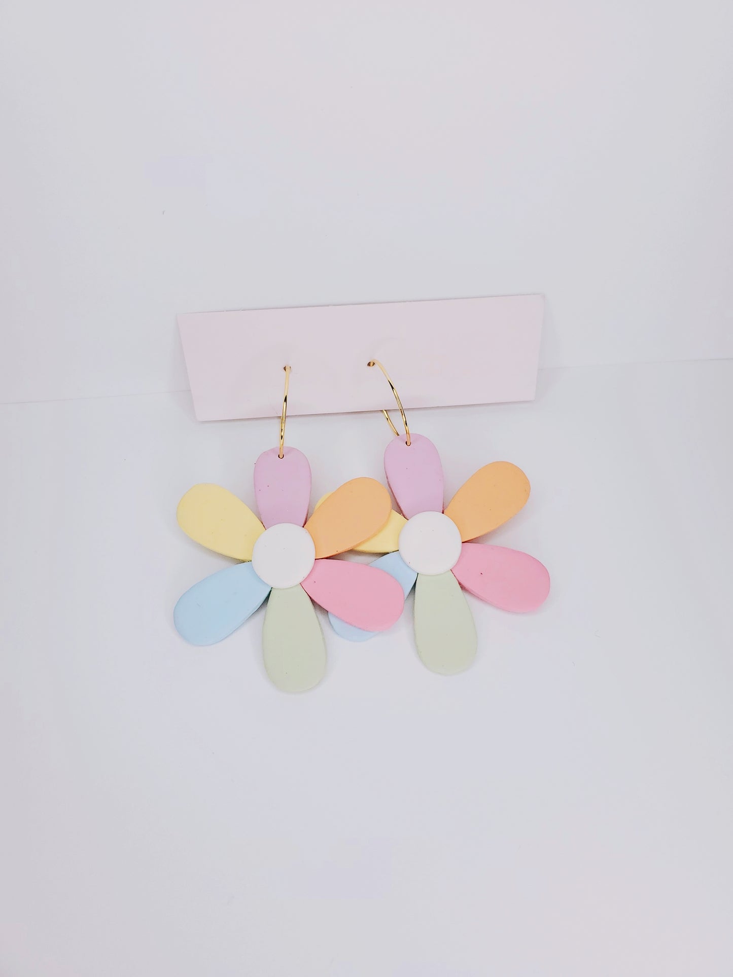 Handmade Boho Rainbow Pastel Flower Hypoallergenic Hoop Clay Earrings in Gold