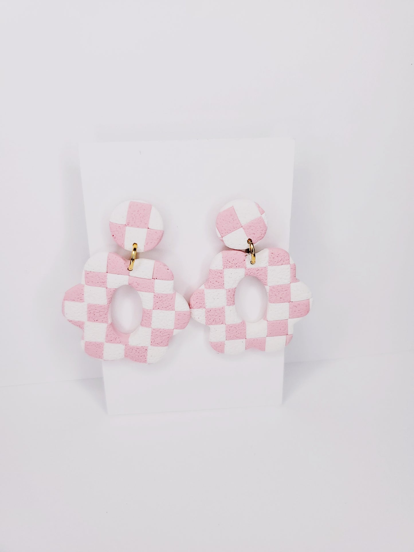 Handmade Flower Oval Cut-Out Textured Checkerboard Clay Earrings in Pink & White
