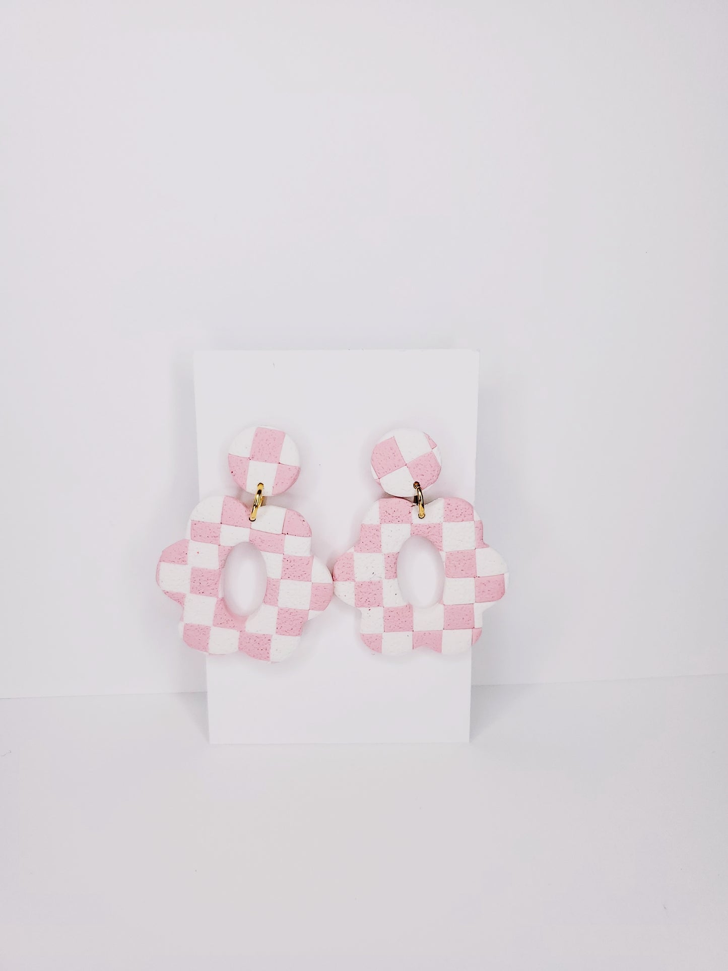 Handmade Flower Oval Cut-Out Textured Checkerboard Clay Earrings in Pink & White