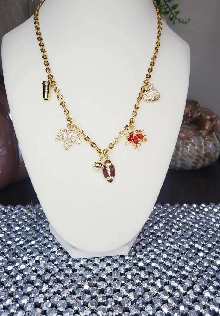 Custom Stainless Steel Starburst Link Chain Fall Seasonal Charm Necklace in Gold
