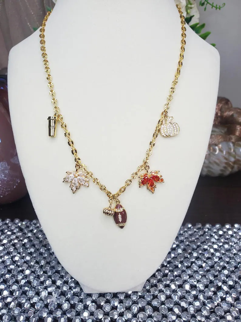 Custom Stainless Steel Starburst Link Chain Fall Seasonal Charm Necklace in Gold