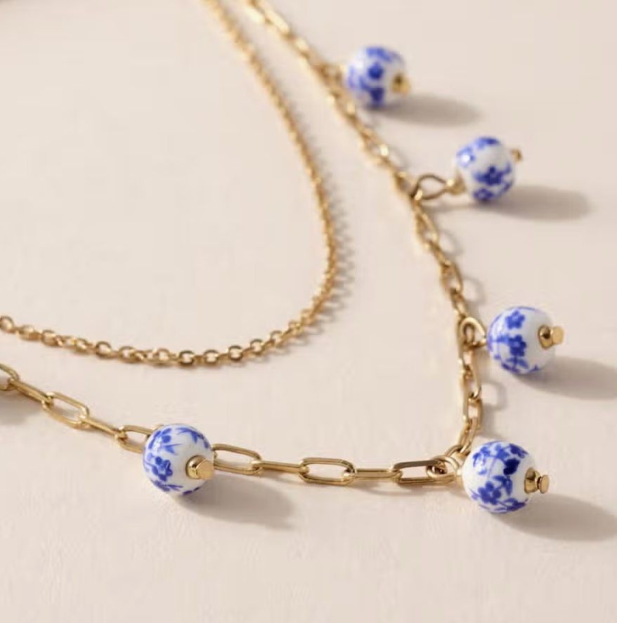 Blooming Grace Ceramic Floral Gold Plated 14" Layered Necklace in Blue