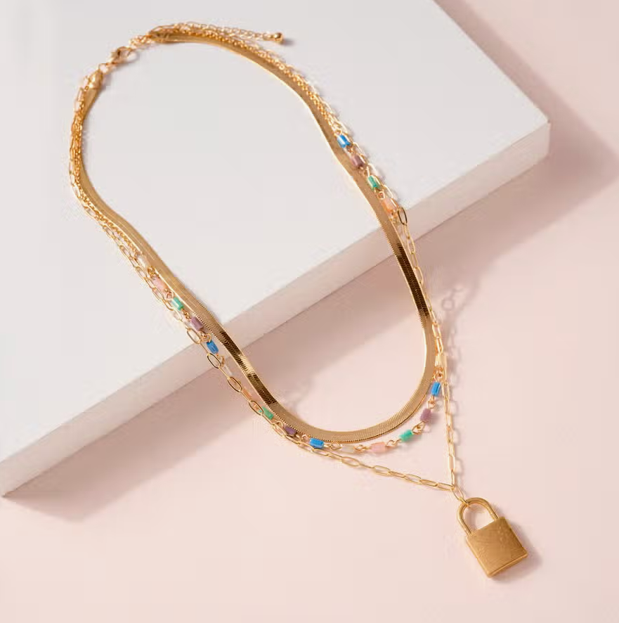 Safe with Me Lock Charm Glass Bead Layered Gold Plated 18" Necklace