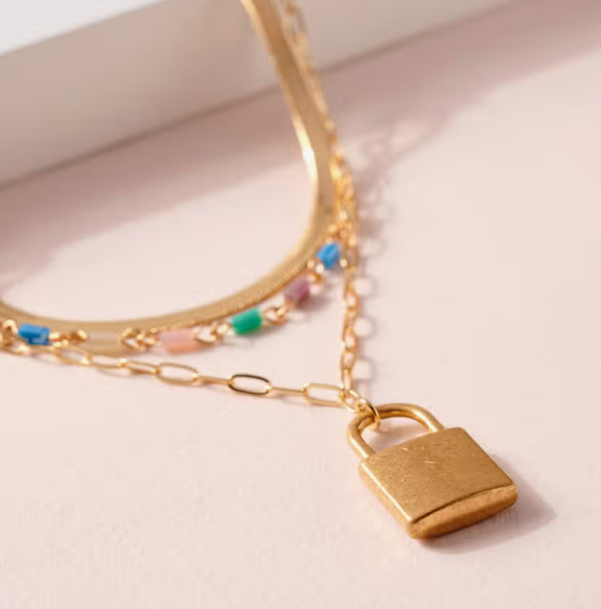 Safe with Me Lock Charm Glass Bead Layered Gold Plated 18" Necklace