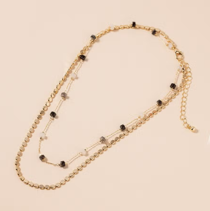 Natural Charm Layered Stone Beaded 12.8" Gold Plated Necklace