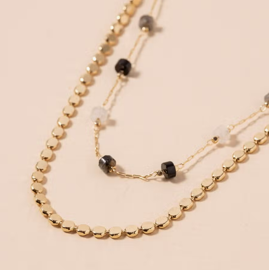 Natural Charm Layered Stone Beaded 12.8" Gold Plated Necklace