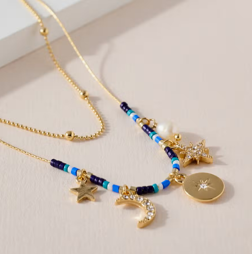 Luna Layered Moon & Star Beaded 16" Gold Plated Necklace in Blue & Gold