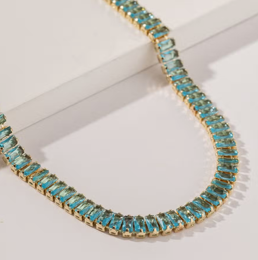 Always Glam Tennis Baguette Rhinestone 14" Gold Dipped Necklace in Aqua