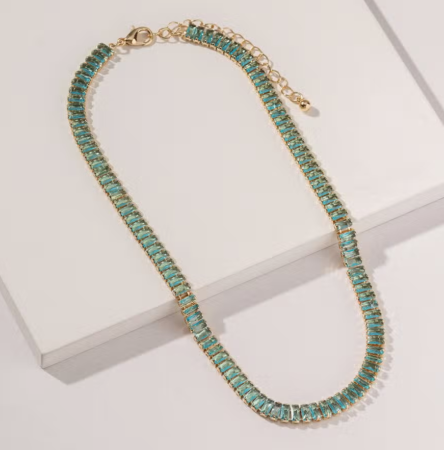 Always Glam Tennis Baguette Rhinestone 14" Gold Dipped Necklace in Aqua
