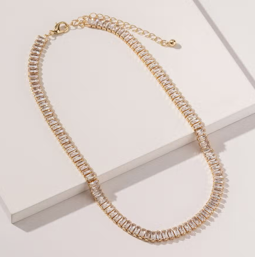 Always Glam Tennis Baguette Rhinestone 14" Gold Dipped Necklace in Clear