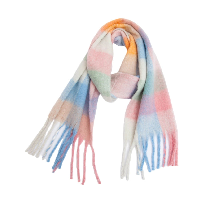 Trendy Soft Girl Winter Tassel Colorful Pastel Rainbow Plaid Scarf