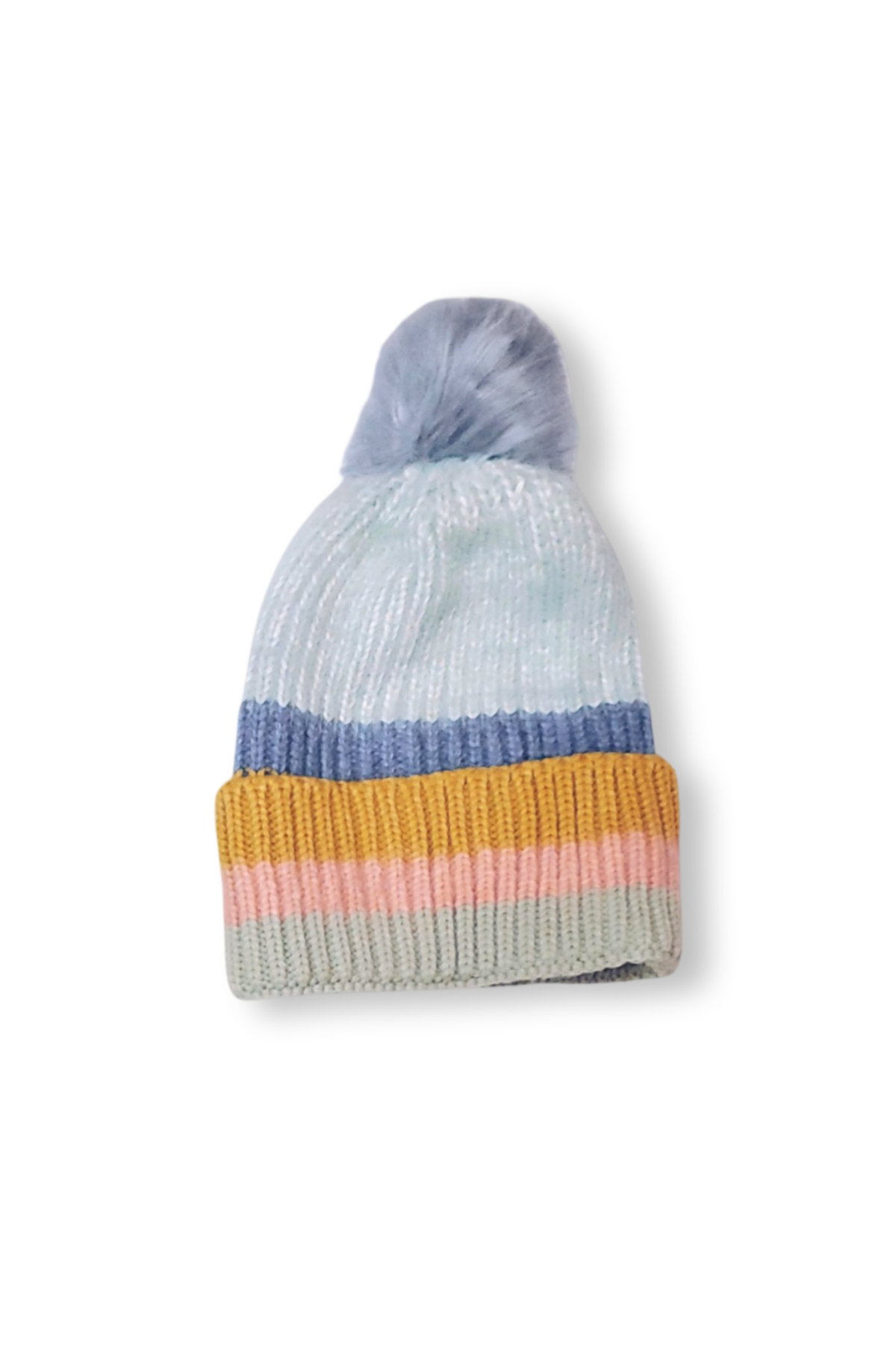 Cozy Pastels Women's Multi-Pastel Stripe Knit Beanie with Faux Fur Pom Pom
