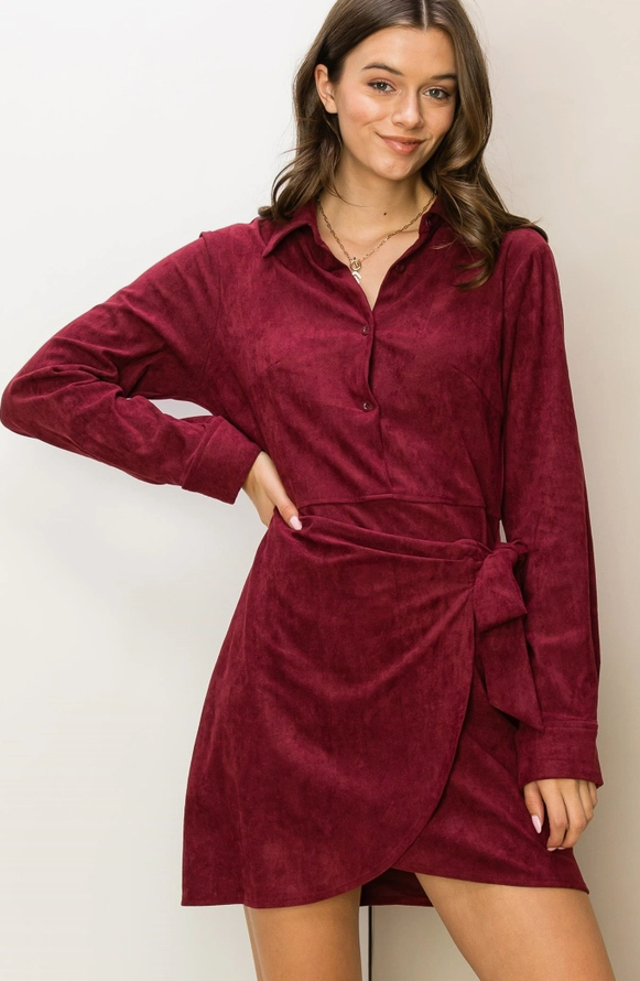 Merry Chic Women's Faux Suede Button Front Tie-Belt Mini Dress in Maroon