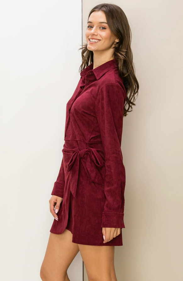 Merry Chic Women's Faux Suede Button Front Tie-Belt Mini Dress in Maroon