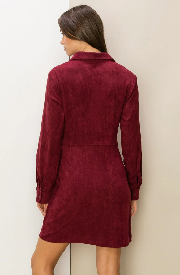 Merry Chic Women's Faux Suede Button Front Tie-Belt Mini Dress in Maroon