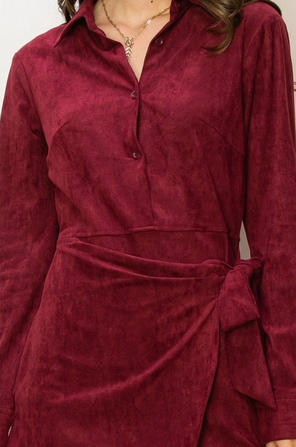 Merry Chic Women's Faux Suede Button Front Tie-Belt Mini Dress in Maroon