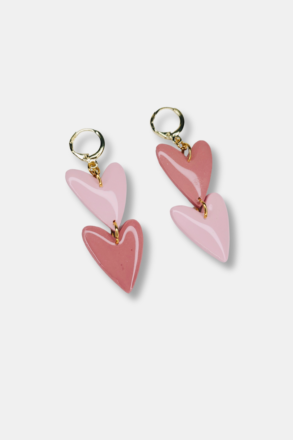 Handmade Clay Earrings Double Heart Dangles Huggie Hoop Clay Earrings in Pink & Gold Valentine's, Galentine's