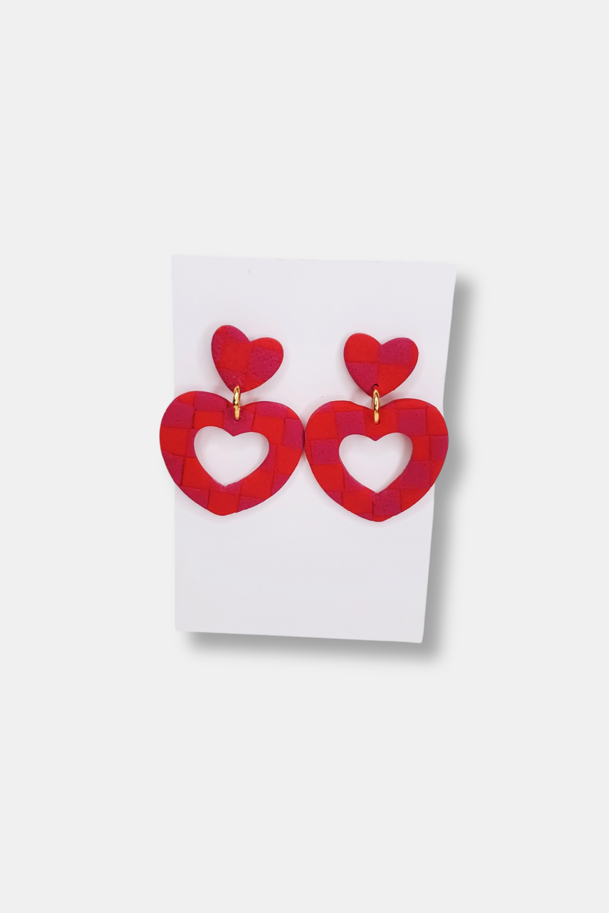*50% OFF APPLIED AT CHECKOUT!* Handmade Heart Cutout Textured Checkerboard Dangle Clay Earrings