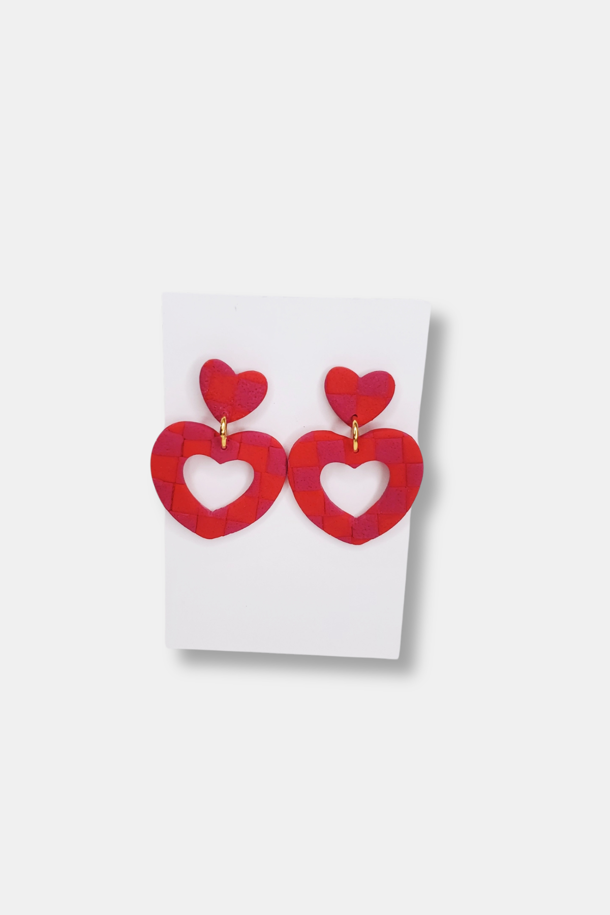 *50% OFF APPLIED AT CHECKOUT!* Handmade Heart Cutout Textured Checkerboard Dangle Clay Earrings