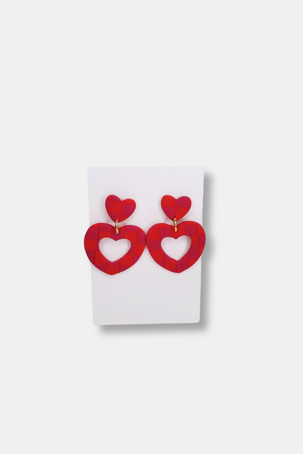 *50% OFF APPLIED AT CHECKOUT!* Handmade Heart Cutout Textured Checkerboard Dangle Clay Earrings