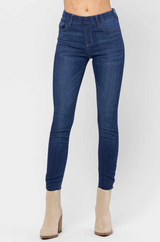 Ella Women's Mid Rise Pull On Stretch Skinny Jeans in Dark Wash Denim