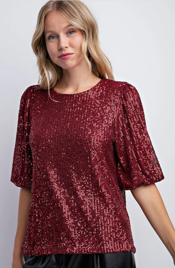 Born to Sparkle Women's Balloon Sleeve Sequin Short Sleeve Top in Wine