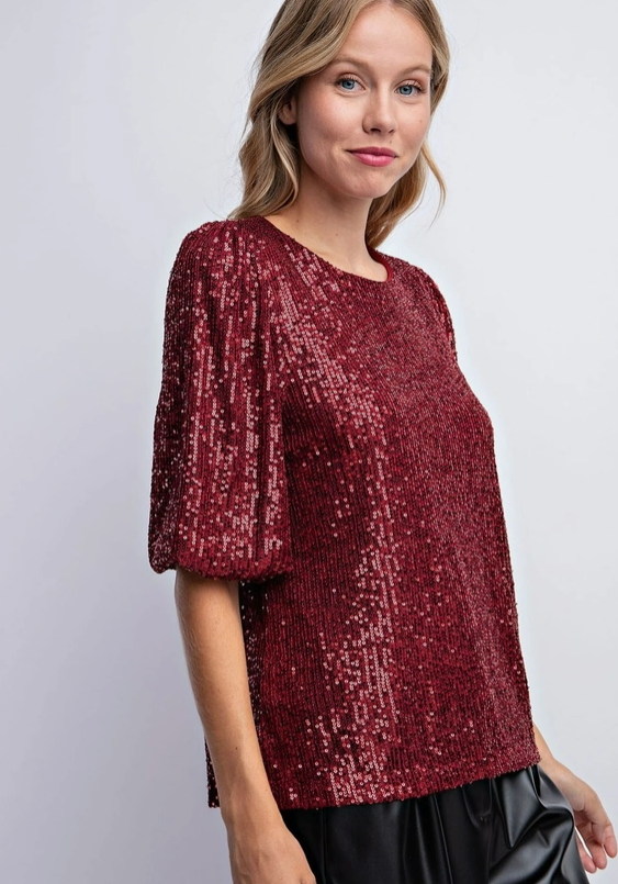 Born to Sparkle Women's Balloon Sleeve Sequin Short Sleeve Top in Wine