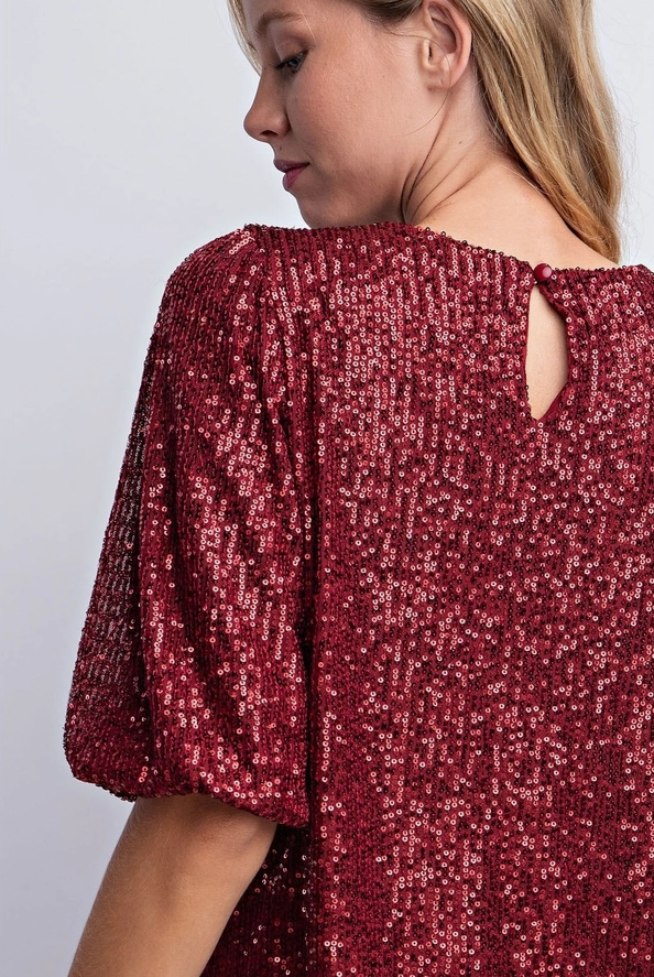 Born to Sparkle Women's Balloon Sleeve Sequin Short Sleeve Top in Wine