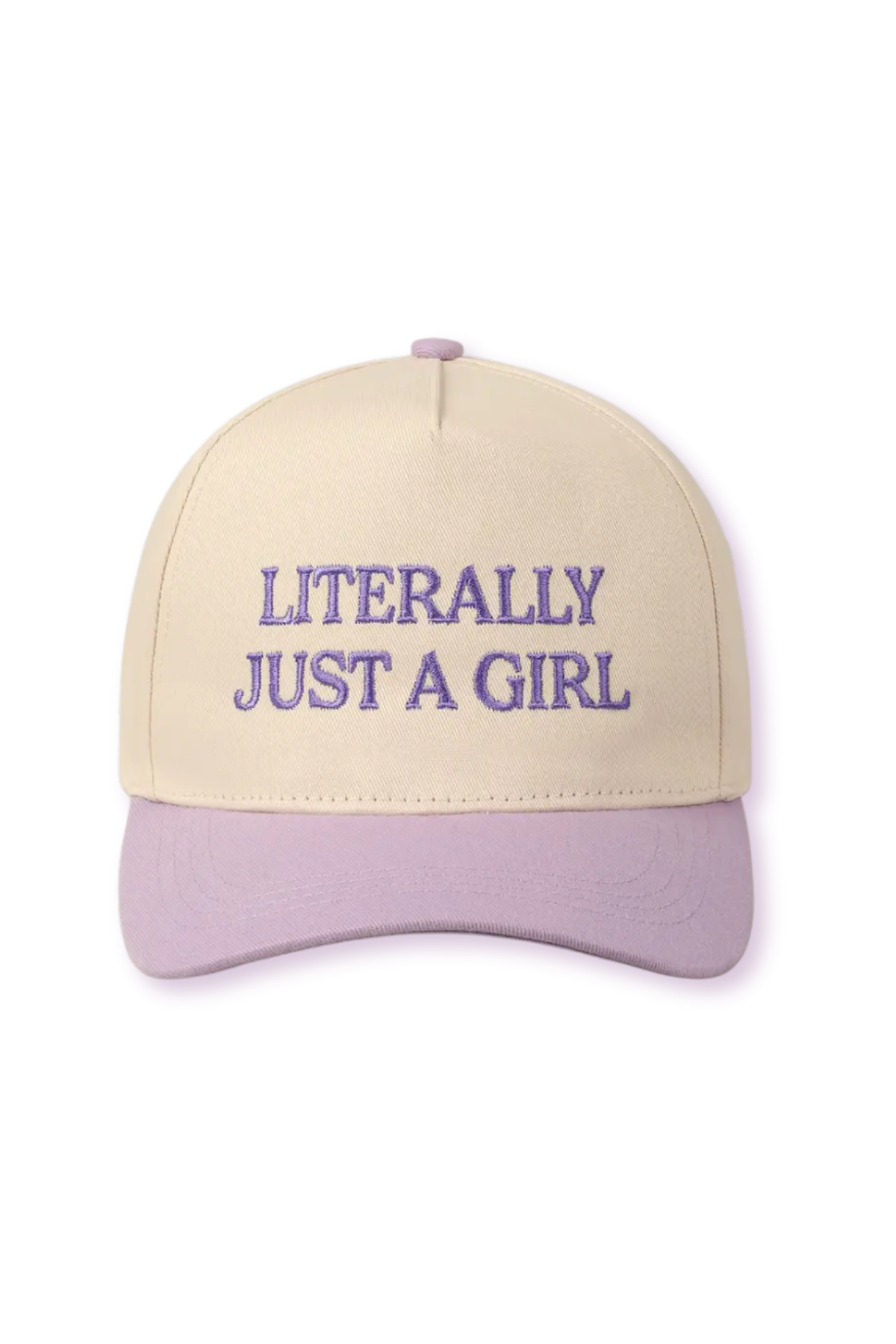 "Literally Just A Girl" Embroidered Two-Tone Lavender Brim Canvas Trucker Hat